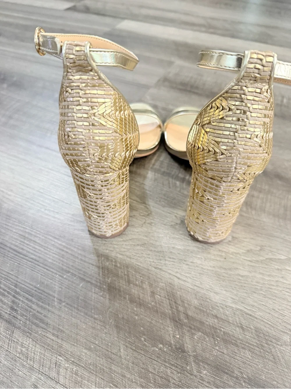 JustFab Metallic Gold Ankle-Strap Block Heel Sandals